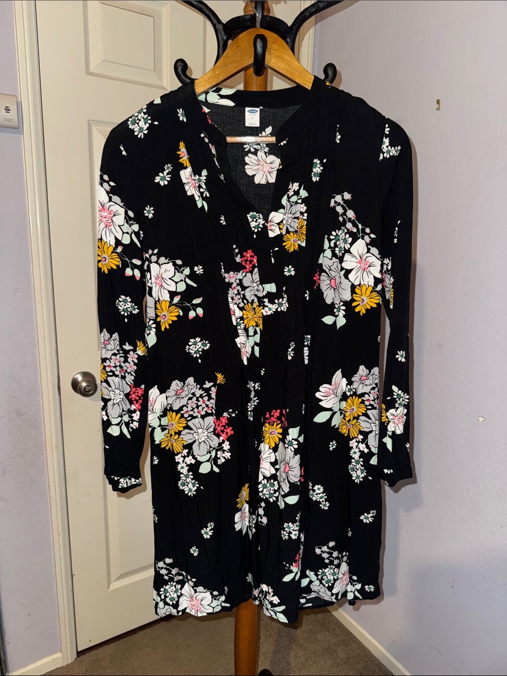 Old Navy Black Floral Midi Dress with White, Yellow and Pink Flowers